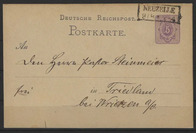Dt. Reich Ganzsache Karte Neuzele nach Friedland bei Wrietzen, 1877 #1106210