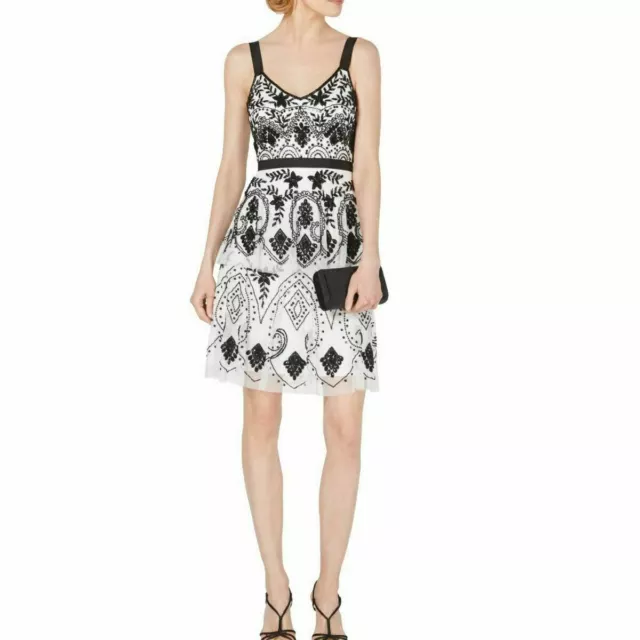 Adrianna Papell Women's Ivory/black Tier Beaded A-Line Dress Size 6 NEW