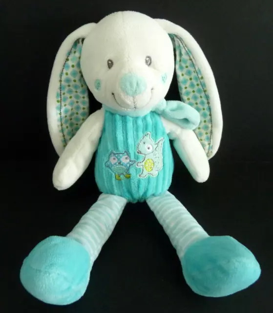 Q1. DOUDOU PELUCHE MOTS D'ENFANTS LAPIN BLEU VERT BLANC ECUREUIL HIBOU 29cm- TBE