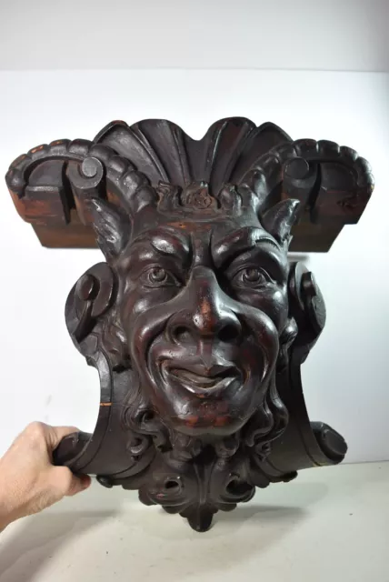 Amazing Large Antique Victorian Satyr Carved Wooden Wall Shelf Baphomet Moloch