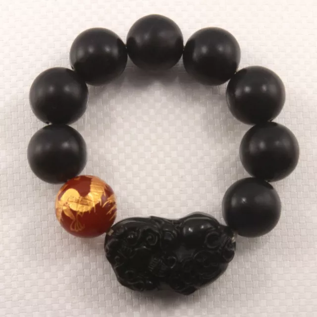 Large Bian Stone Black Red Agate Dragon Beads Pixiu Carving Endless Elastic Brac 3