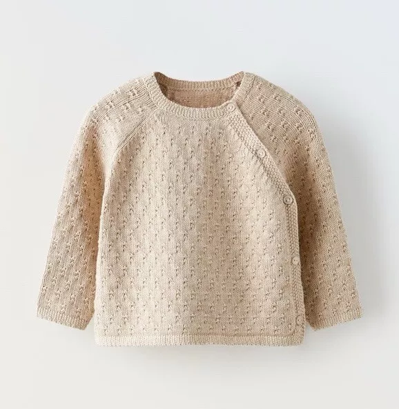 NWT Zara Baby Boy Girl Dot Knit Premium Side Button Sweater Boho Natural NB 0-1m