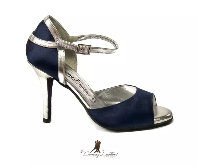 Scarpa Da Ballo Donna Salsa Latino Tango In Raso Blu E Laminato Argento