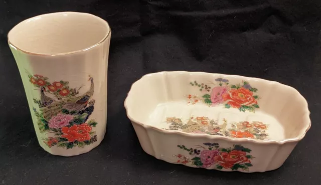 Vintage Porcelain Bathroom Set Soap Dish Toothbrush Holder Peacock Flowers Japan
