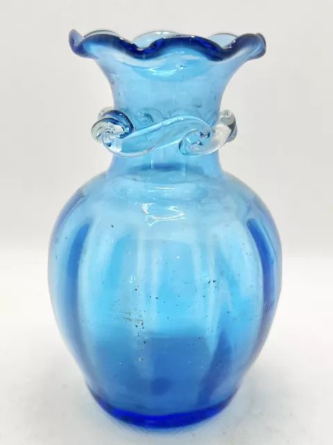 Pilgrim Glass Cobalt Blue Vase Hand Blown 4 1/2” with Clear Rigaree Ruffled Edge