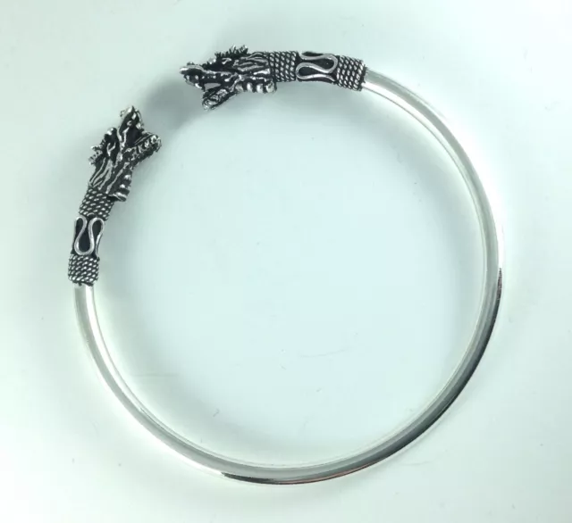 Men's Artisan Dragon Head Sterling Silver 925 Bangle Open Cuff Jewelry Bracelet