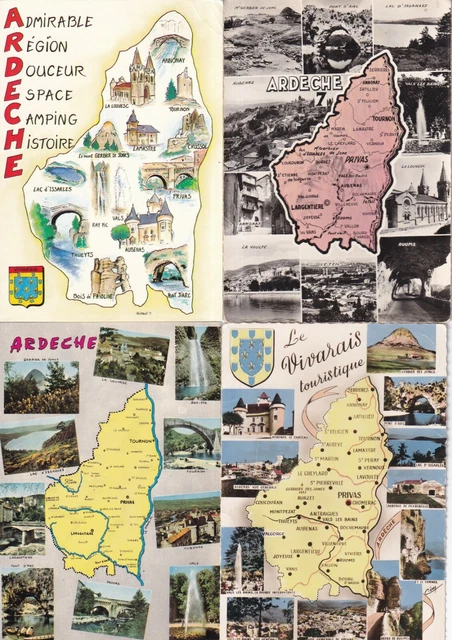Lot de 4 cartes postales anciennes postcards 10X15cm ARDECHE carte département 2