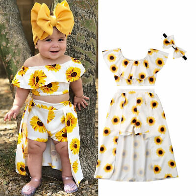 Summer Kids Baby Girl Sunflower Crop Tops Shorts Dress 3PCS Outfits Sunsuit