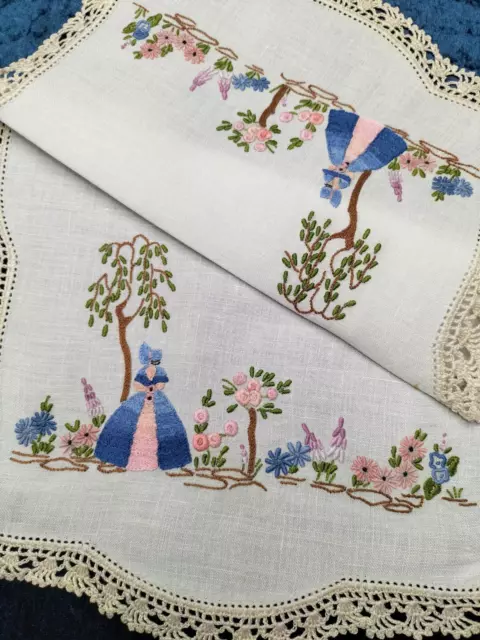 Stunning Blue/Pink Crinoline Lady  Vintage Hand Embroidered Centre/mat