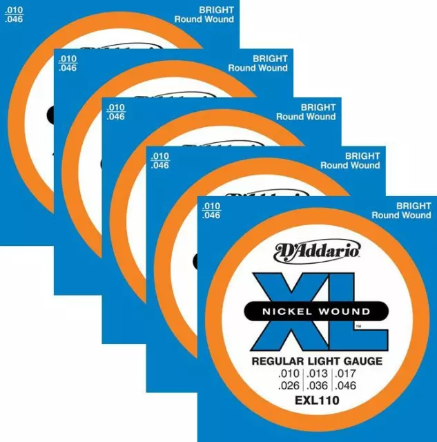 5 Sets - D'Addario EXL110 Nickel Wound Electric Guitar Strings, Light Gauge, EXL