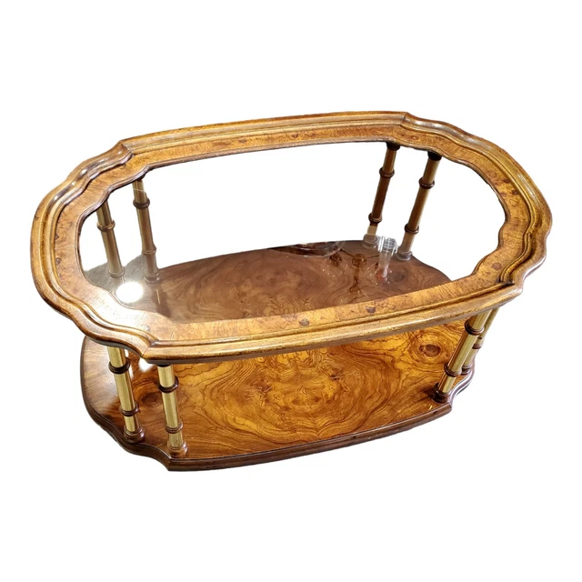 Vtg 70s Drexel Heritage Burl Wood Glass and Brass Rolling Coffee Cocktail Table