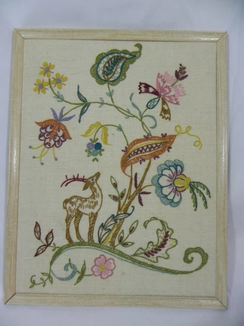 De Colección Años 60 Bordador Crewel ARTE DE PARED Caprichoso Florales Ciervo Pixie 11x14 Metalcraft