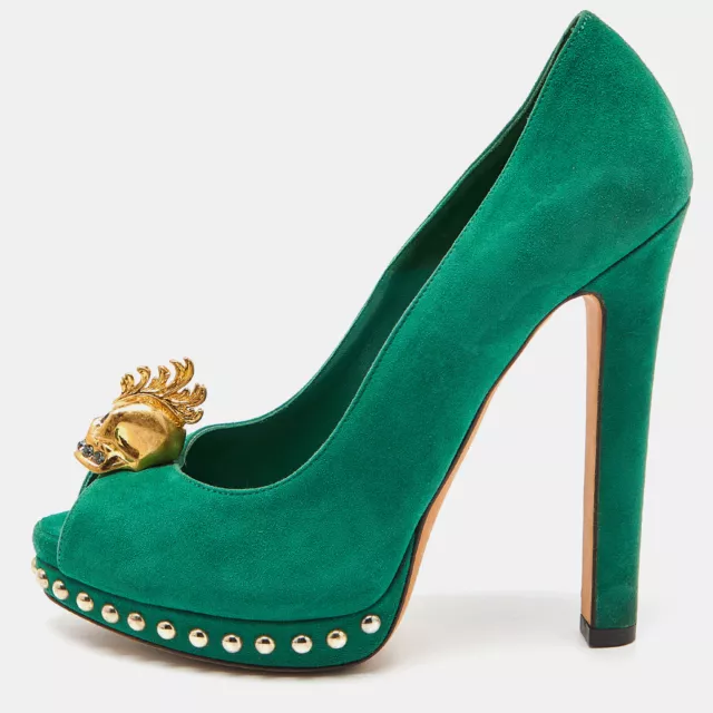 Alexander McQueen Green Suede Embellished Skull Peep Toe Pumps