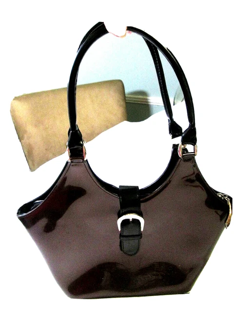Beijo Eggplant (purple) & Black Satchel Double Handle Tote Buckle Strap Purse