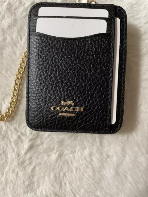 COACH Zip ID Card Case With Gold Chain Black Leather Mini Coin Wallet NWT Unisex 3