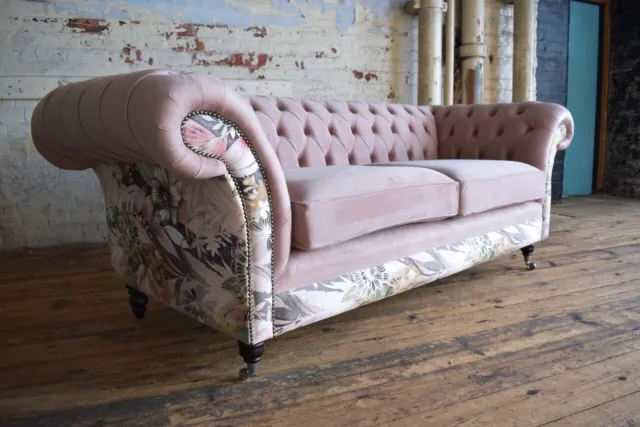 Handmade 3 Seater Dusty Pink Velvet Chesterfield Sofa, Floral Patterned Fabric