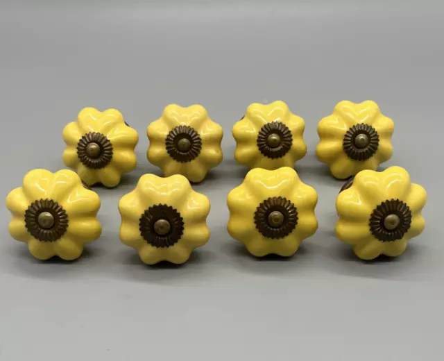 Lot of 8 Kitschy Flower Ceramic Knob Pulls Yellow Bronze Drawer Cabinet Cottage