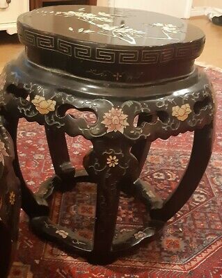 Stunning chinese vintage wooden carved pair of barrel stools plant vase stands ! 3