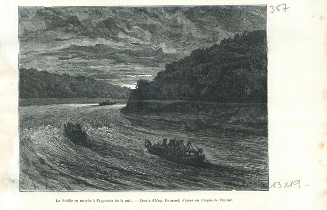 Barques sur Rivière Noire affluent du Fleuve Rouge Viêt Nam Tonkin GRAVURE 1888