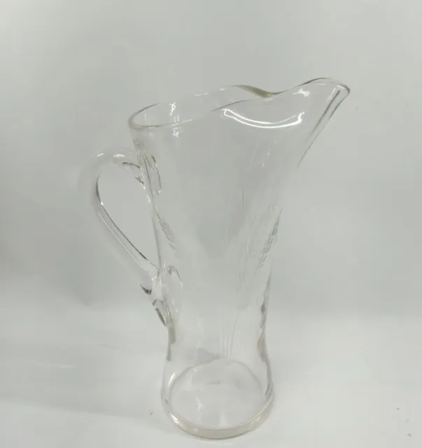 White/Clear Glass Pitcher Ewer Jug Etched Wheatsheaf Vintage Pinched Top 28 cm