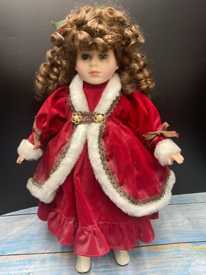Black Porcelain Doll Red Velvet Dress White Lace