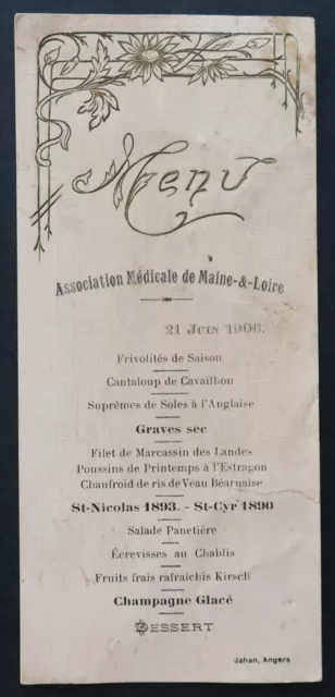 Menu 21 JUIN 1906 Association médicale de Maine-et-Loire  restaurant card