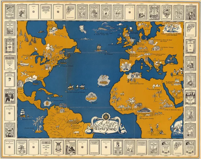 1920 Pictorial Map of the World of Books Wall Art Poster Print Decor History