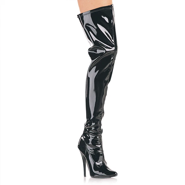 DOMINA-3000 sexy devious stiletto tacchi alti stivali overkneue neri vernice elasticizzata