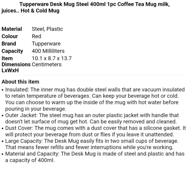 Tupperware Desk Mug Insulated Metal Steel Coffee Cup w/ Handle and Lid Black 2