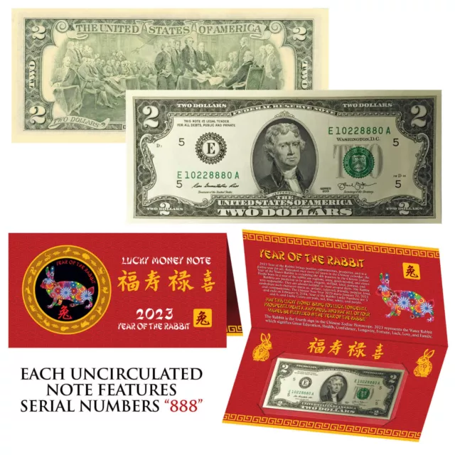 2022 CNY Chinese YEAR of the RABBIT Lucky Money US $2 Bill Red Folder - S/N 888