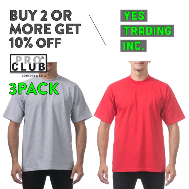 3 Pack Proclub Pro Club Mens Plain T Shirt Heavyweight Short Sleeve Cotton Tee