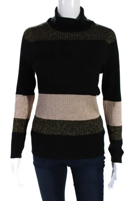 Whistles Womens Ribbed Knit Black Color Block Turtleneck Sweater Top Size 8