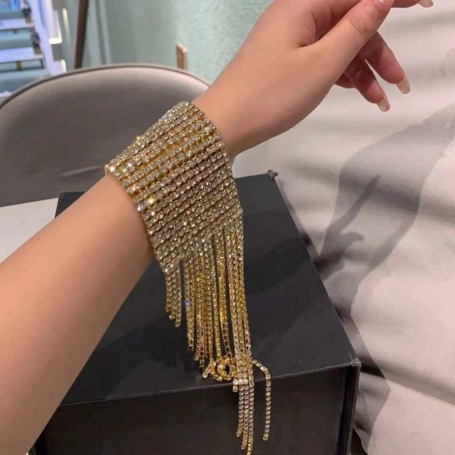 Long Tassel Rhinestone Bracelet Hand Jewelry Women Bridal Crystal Statement
