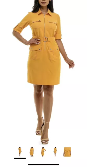 Sharagano Women's Short Sleeve Casual Shirt Dress Front Pockets Half Zip Size 16