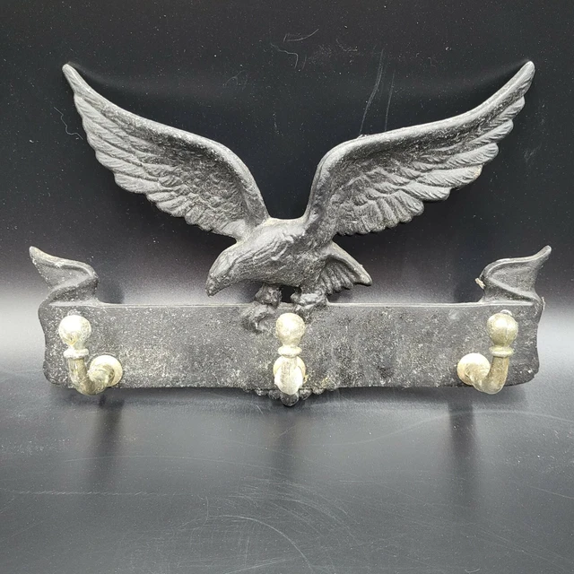 Antique Eagle Coat Rack Hook Hanging Black Cast Aluminum w/ Brass Colored Hooks