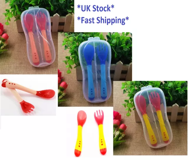 Baby Toddler Temperature Sensing Cutlery Set Travel Case Feeding Weaning Spoon