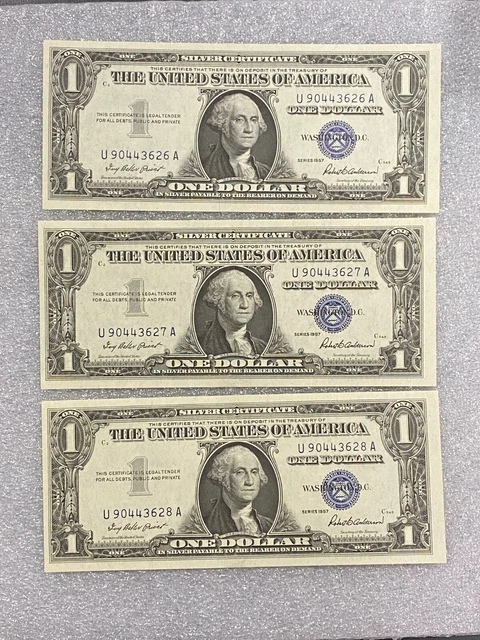 Lot of 3 1957 Consecutive Silver Certificate Blue Seal 1 Dollar Bills Crisp UNC