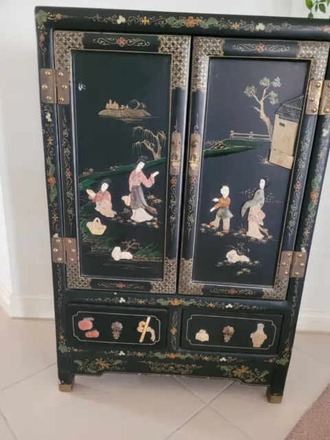 Oriental Chinese Asian Black Lacquer Cabinet / Genuine Soap Stone