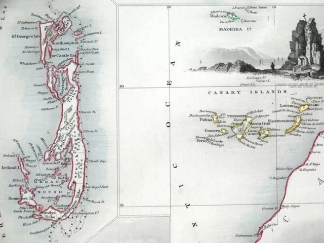 ATLANTIC ISLANDS, BERMUDA, MADEIRA, CANARIES, RAPKIN & TALLIS antique map c1850 2