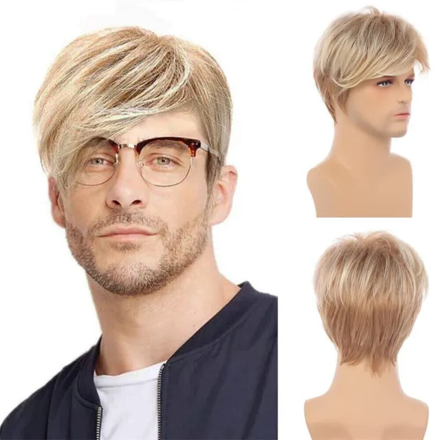 Light Blonde Mix Short Hairstyles Men's Natural Straight 100% Human Hair Wig 6In