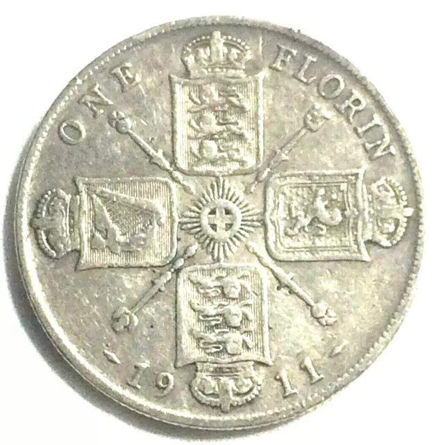 1911 Great Britain One Florin World Sterling Silver Coin - King George V (027)