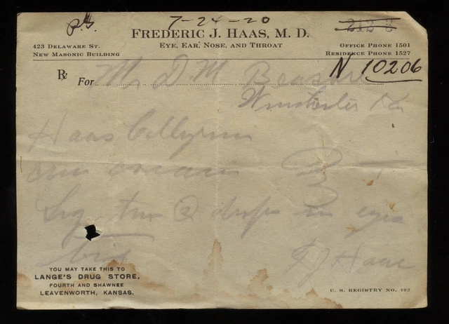 FREDERICK J HAAS MD Leavenworth Kansas Handwritten COCAINE Prescription 1920 #7
