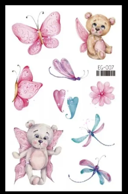 GLITTER TEDDY BEAR Temporary Tattoos Girls Butterfly Body Transfers Gifts 🧸💕