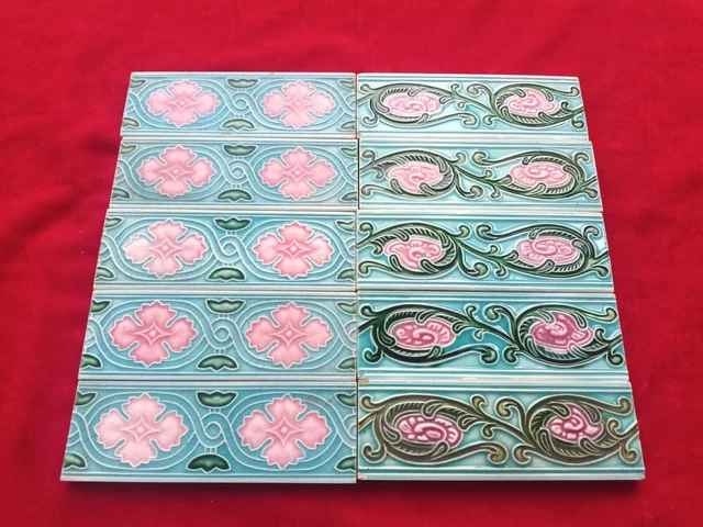 10 Pieces Lot Art Deco Floral Design Embossed Majolica Ceramic Tiles Japan 0322 2