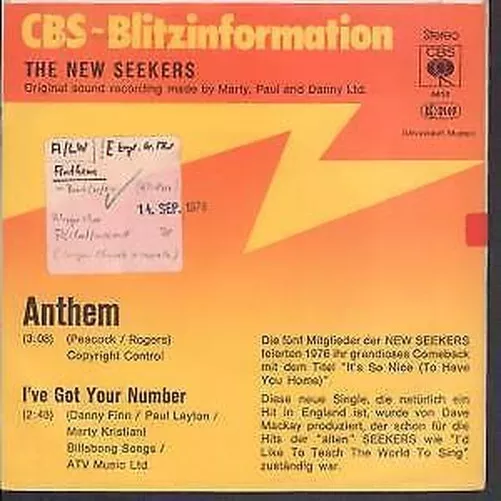 New Seekers Anthem 7" vinyl Germany Cbs 1978 Blitz promo b/w i've got your