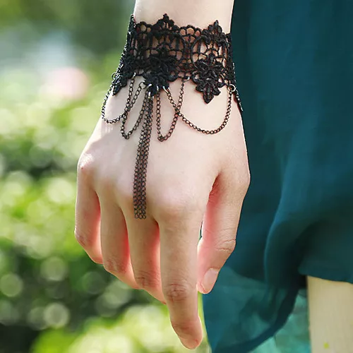 Bracelet femme réglable Dentelle Noire Motif Floral Chaînettes gothique émo noir