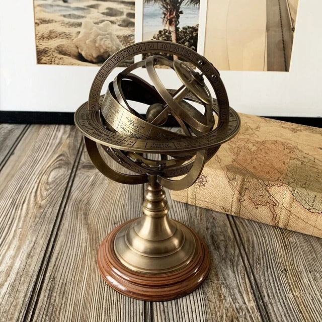Antiguo Vintage zodiaco armilar latón esfera globo Base de madera... 2