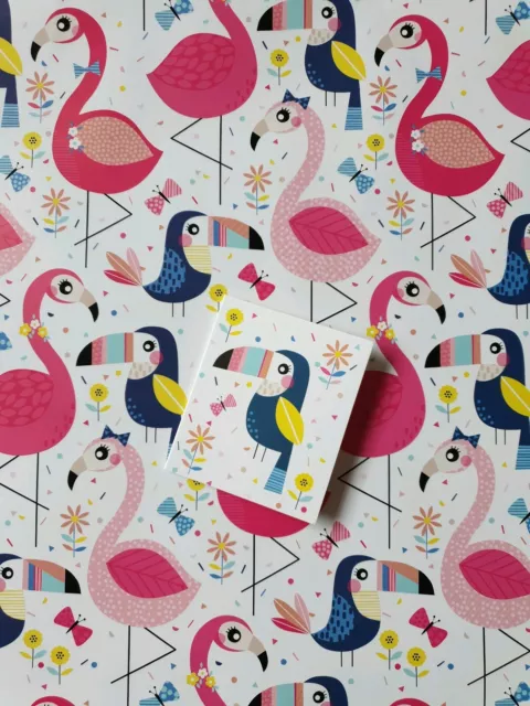 2 Sheets Of Glossy Flamingo & Toucan Wrapping Paper With 2 Matching Gift Tags