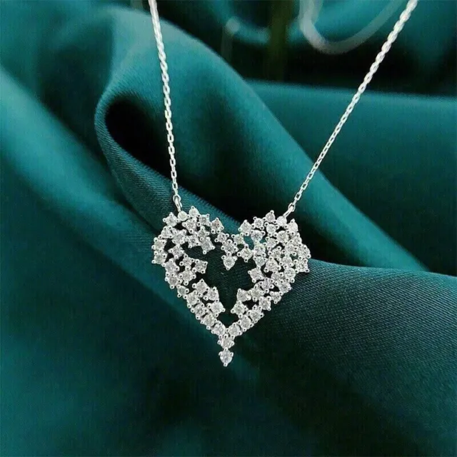 3.00Ct Round Cut Lab Created Diamond Heart Pendant Chain 14K White Gold Plated