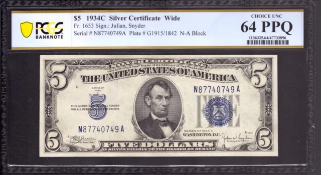 1934 C $5 Silver Certificate Note Fr.1653 Na Block Pcgs B Choice Unc 64 Ppq